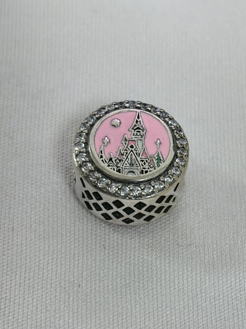 Pandora Silver Castle Charm with Pink Enamel and Clear Crystals